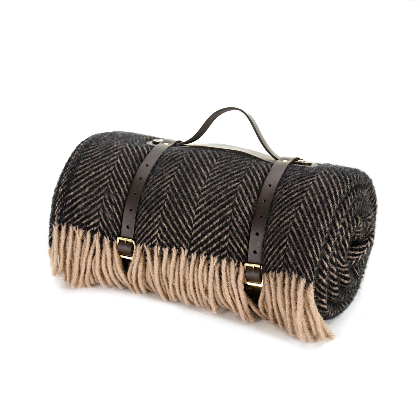 Polo Picnic Rug Cottage Vintage Checked Mustard/Brown/Blue with Leather Strap - Enamelhappy