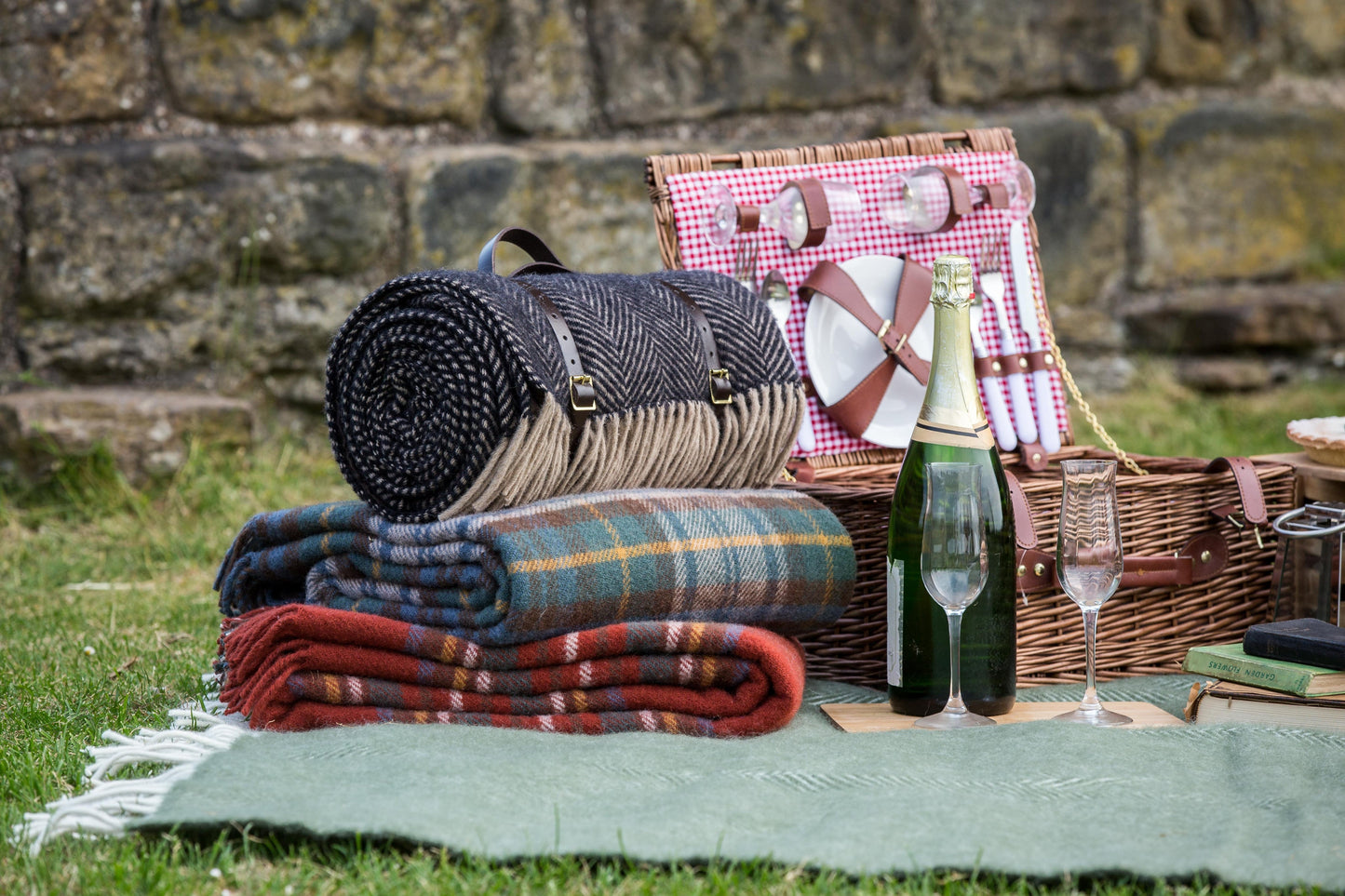 Polo Picnic Rug Cottage Vintage Checked Mustard/Brown/Blue with Leather Strap - Enamelhappy