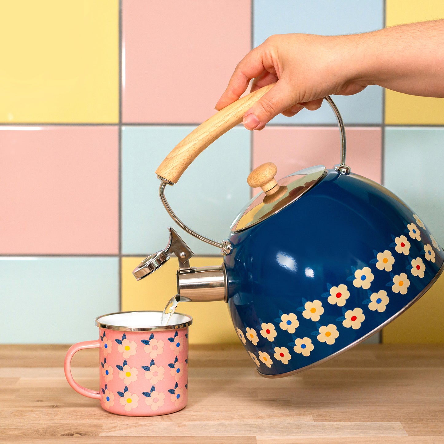 2.5L Whistling Kettle Stainless Steel Midnight Navy Blue Floral - Enamelhappy - Enamelhappy