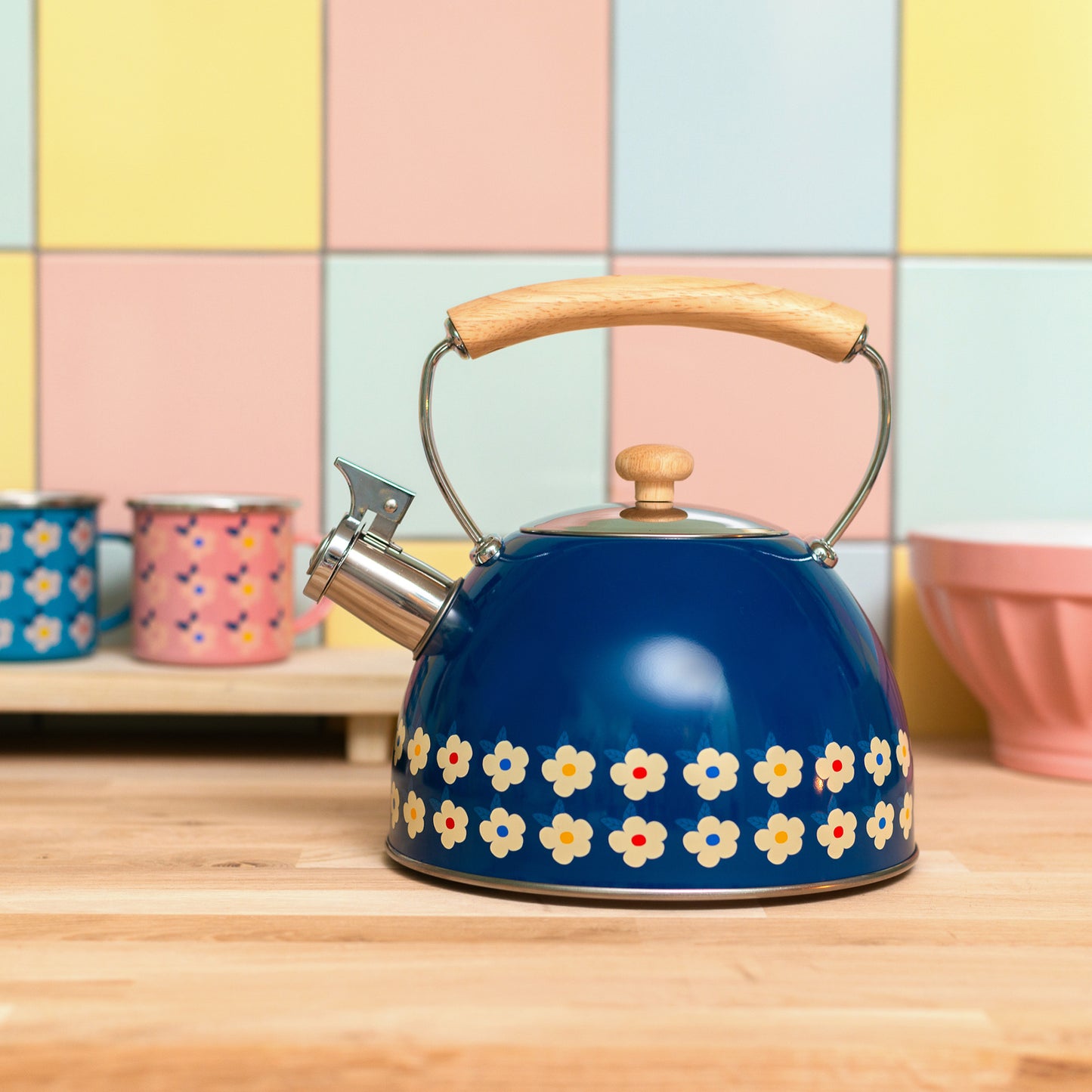 2.5L Whistling Kettle Stainless Steel Midnight Navy Blue Floral - Enamelhappy - Enamelhappy