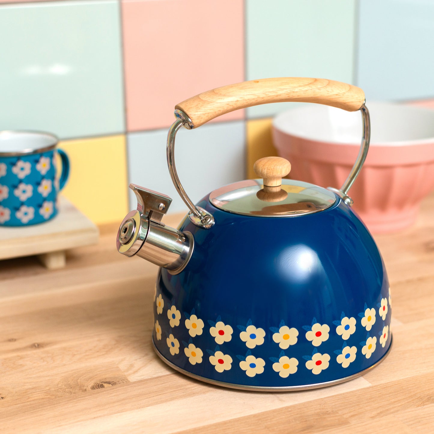 2.5L Whistling Kettle Stainless Steel Midnight Navy Blue Floral - Enamelhappy - Enamelhappy