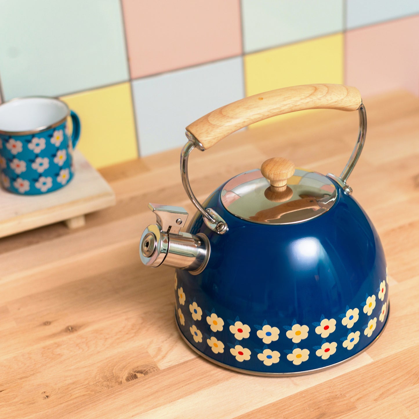 2.5L Whistling Kettle Stainless Steel Midnight Navy Blue Floral - Enamelhappy - Enamelhappy