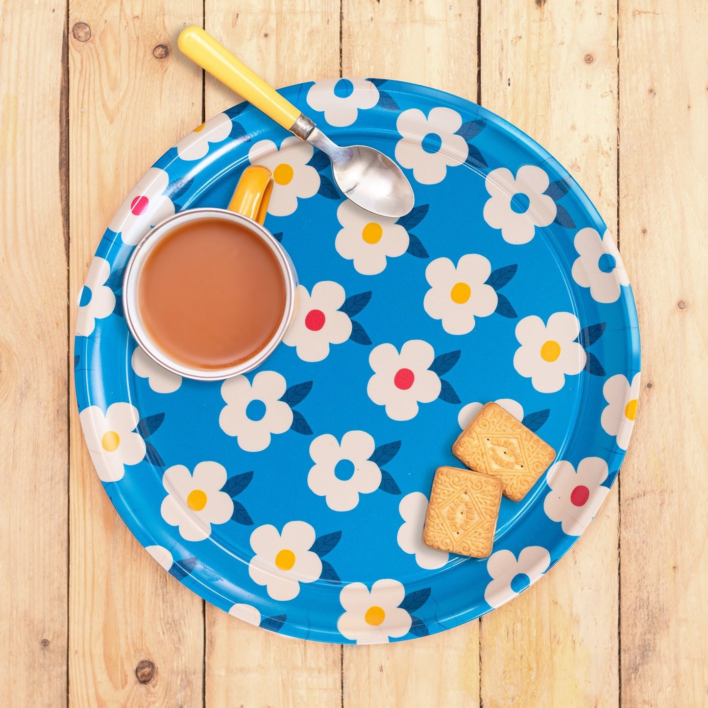Gorgeous Round Tray Retro Floral Ocean Blue - Enamelhappy - Enamelhappy
