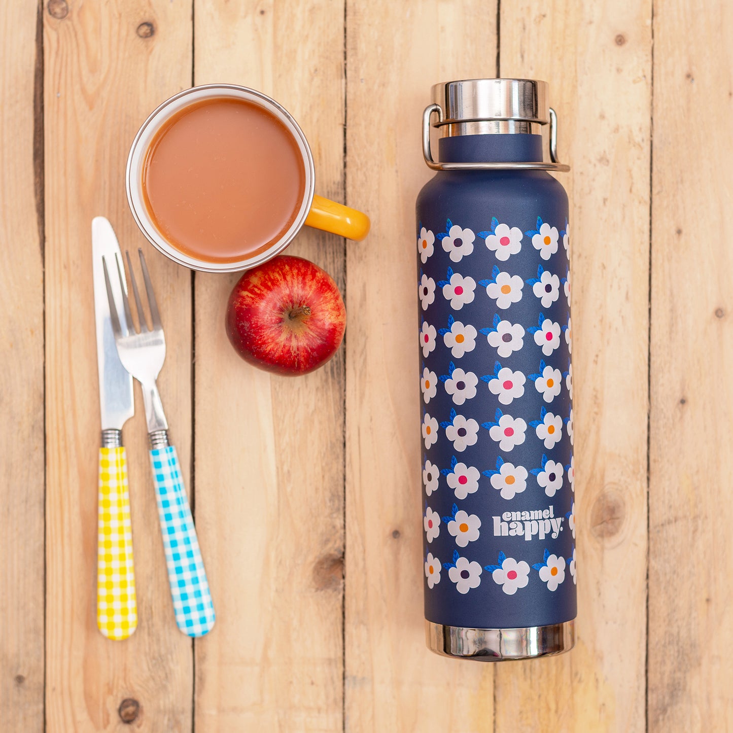 650ml Copper Insulated Retro Floral Print Water Bottle Navy Blue - Enamelhappy - Enamelhappy