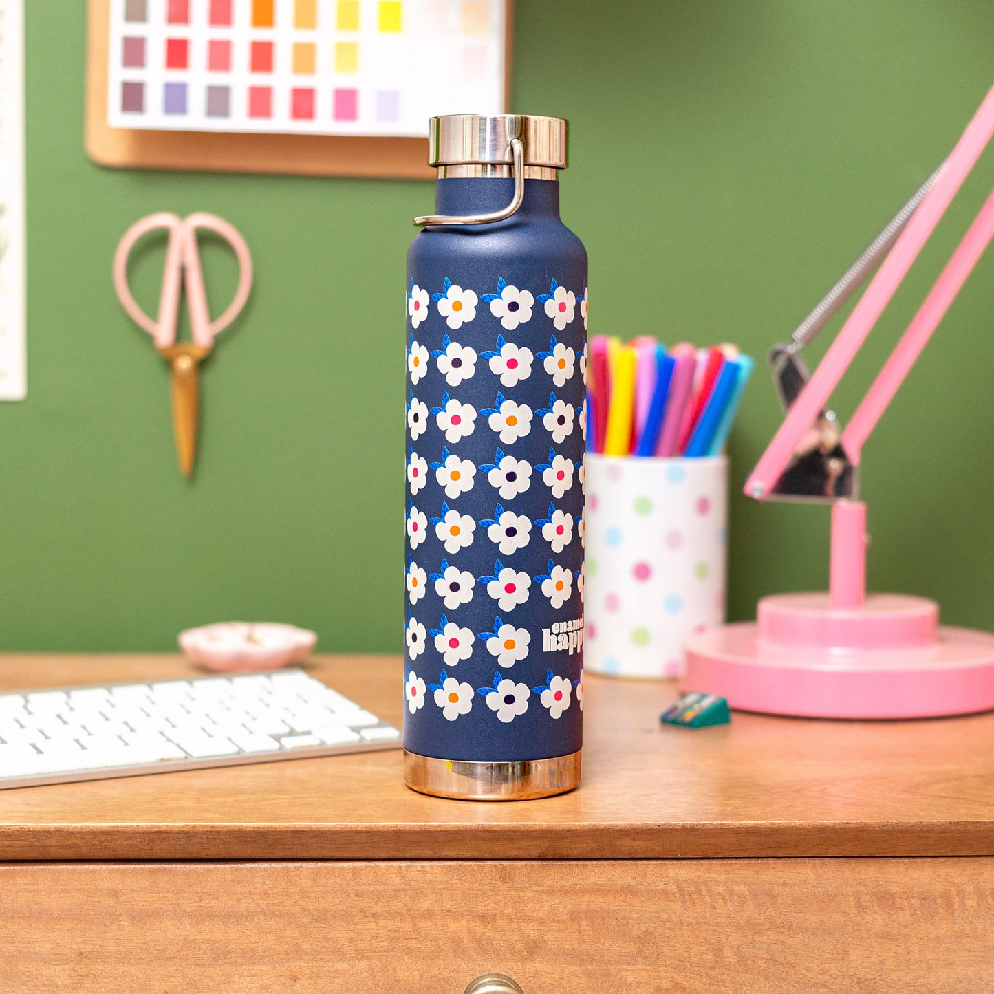 650ml Copper Insulated Retro Floral Print Water Bottle Navy Blue - Enamelhappy - Enamelhappy
