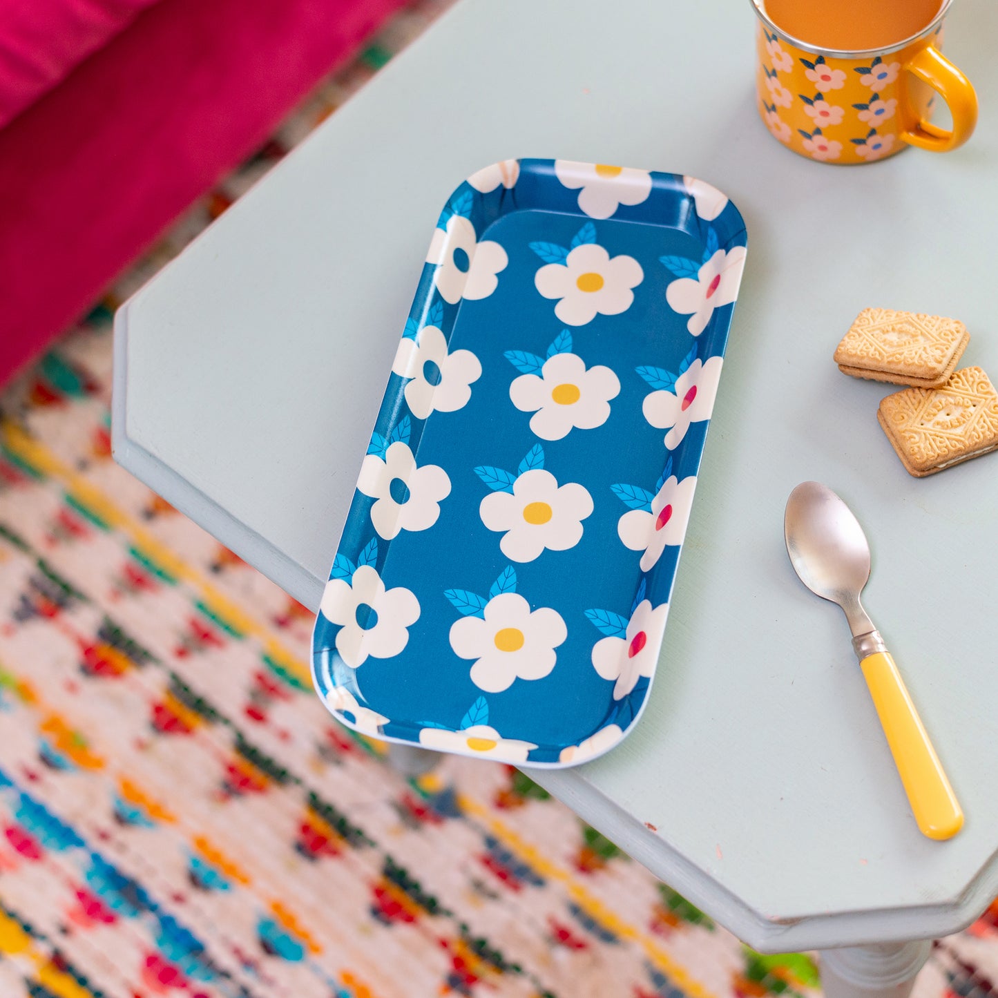 Cute Tray Small Rectangle Retro Floral Midnight Navy Blue - Enamelhappy - Enamelhappy