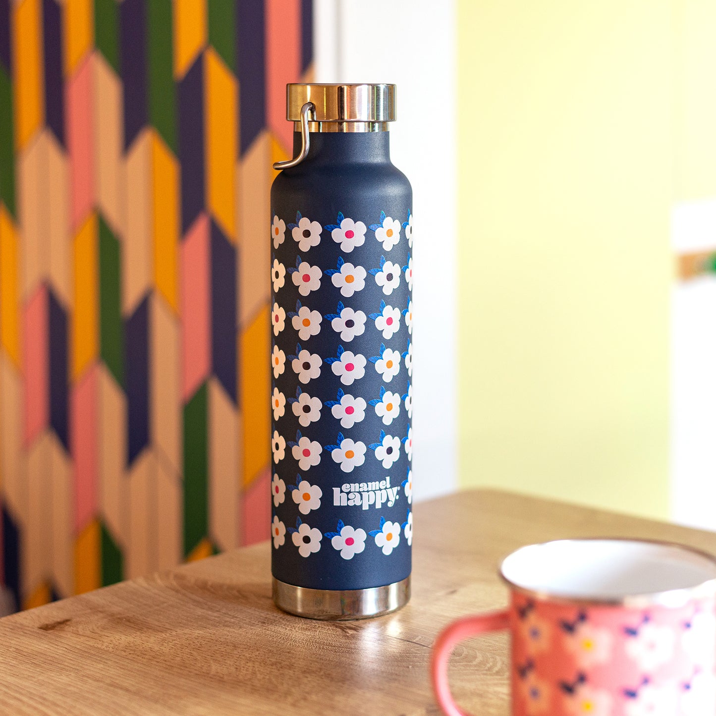 650ml Copper Insulated Retro Floral Print Water Bottle Navy Blue - Enamelhappy - Enamelhappy