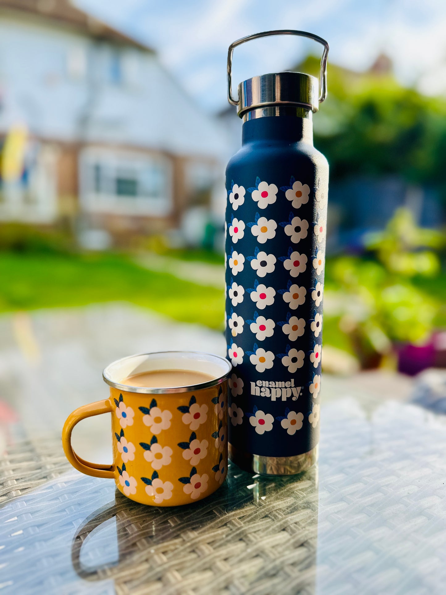 650ml Copper Insulated Retro Floral Print Water Bottle Navy Blue - Enamelhappy - Enamelhappy