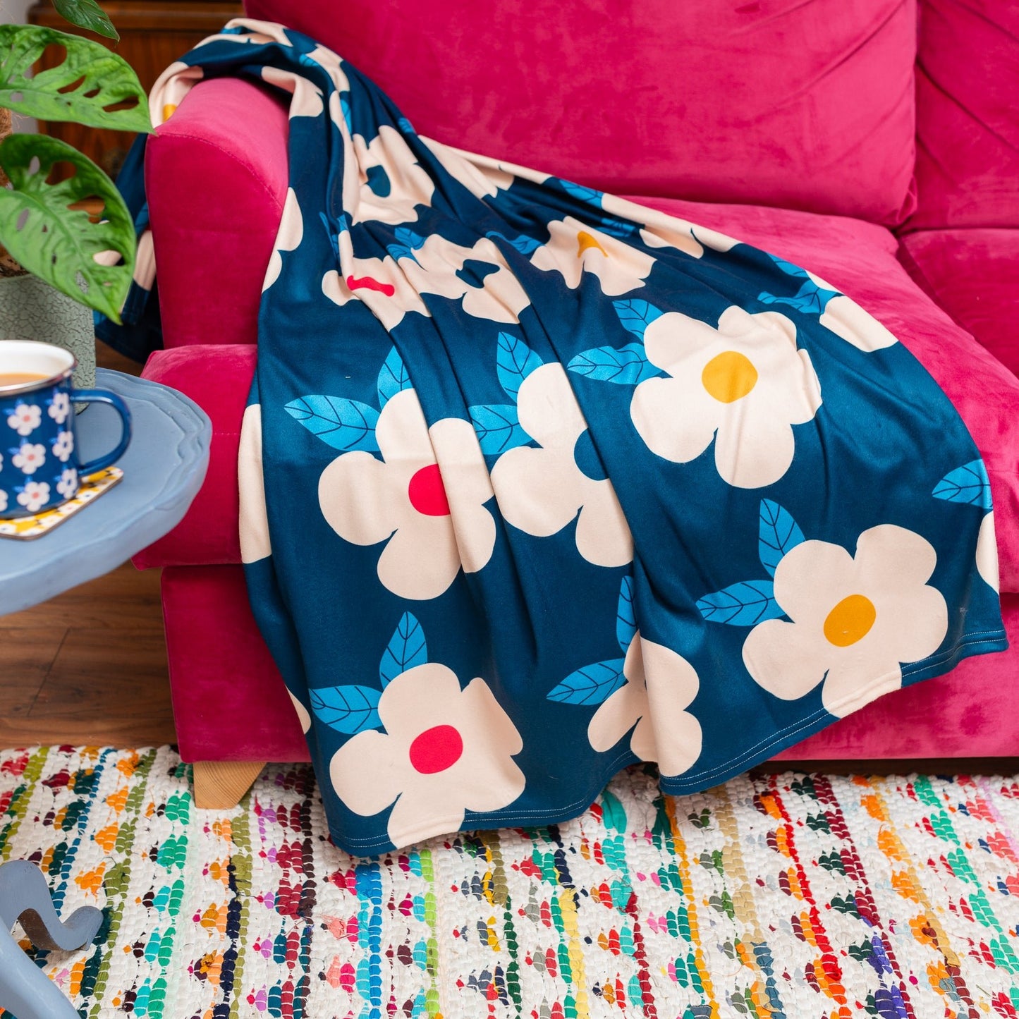 Retro Floral Midnight Navy Blue Large Fleece Blanket/Throw - Enamelhappy - Enamelhappy