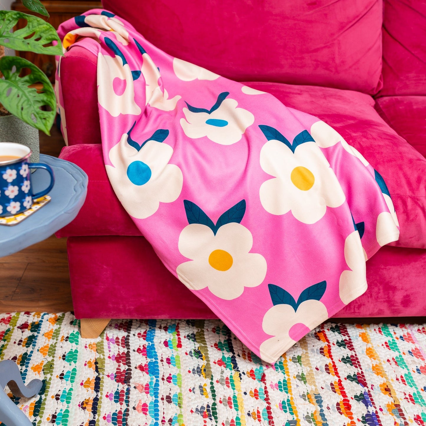 Retro Floral Rose Pink Large Fleece Blanket/Throw - Enamelhappy - Enamelhappy