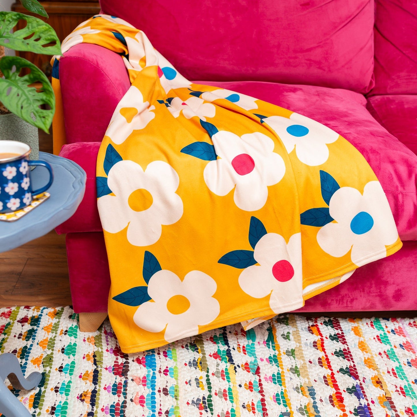 Retro Floral Honey Yellow Mustard Large Fleece Blanket/Throw - Enamelhappy - Enamelhappy