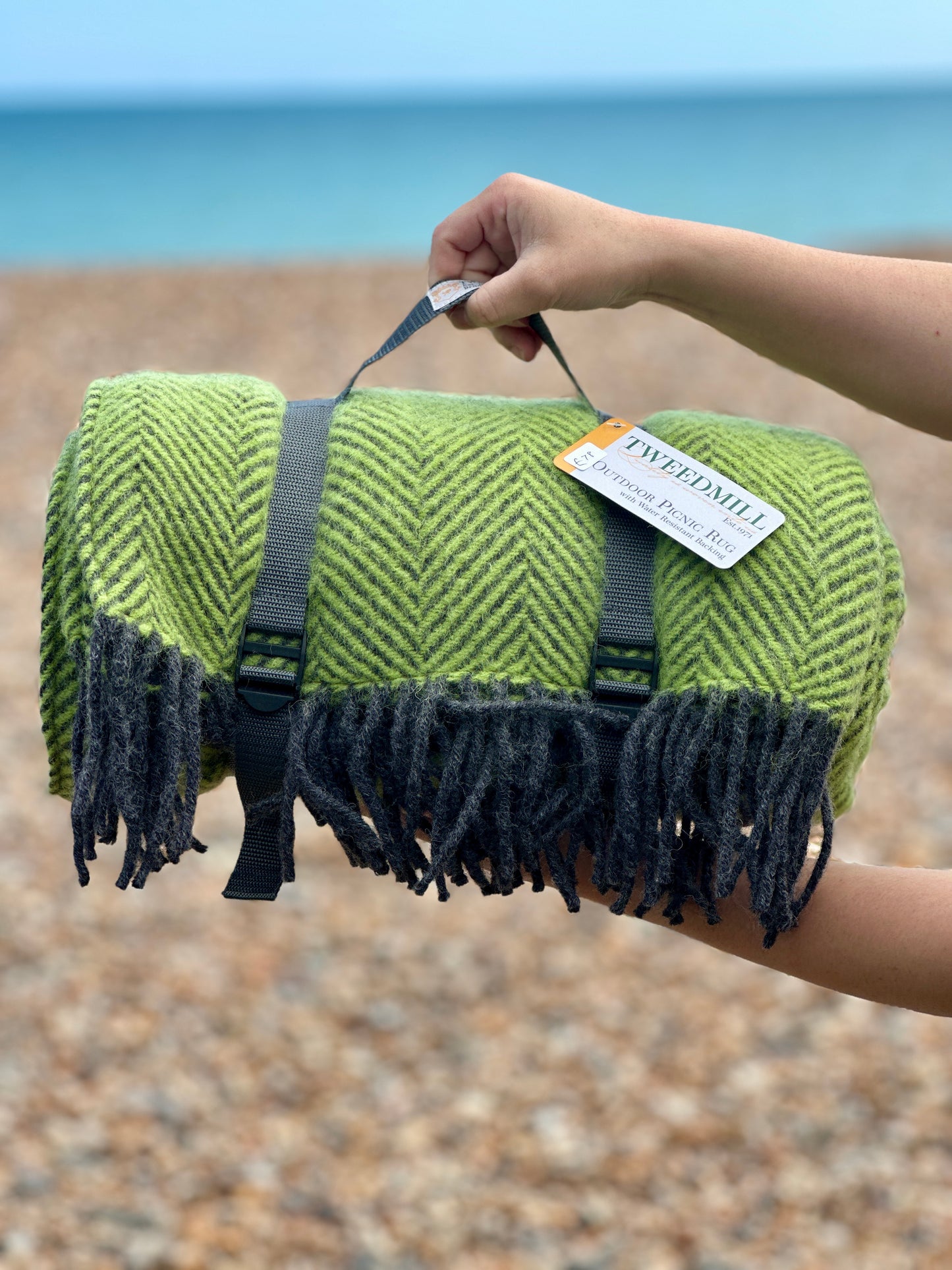 Zest Lime Green/Grey Herringbone Pure New Wool Picnic Rug - Enamelhappy