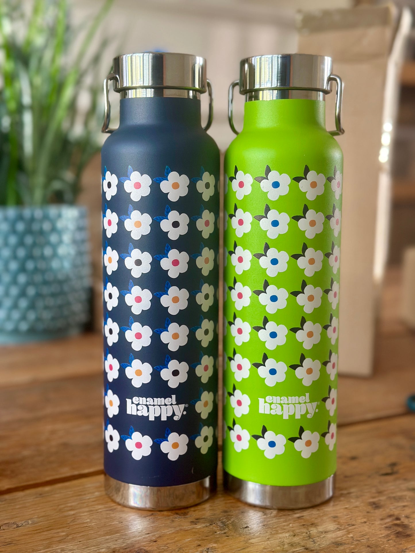 650ml Copper Insulated Retro Floral Print Water Bottle Navy Blue - Enamelhappy - Enamelhappy