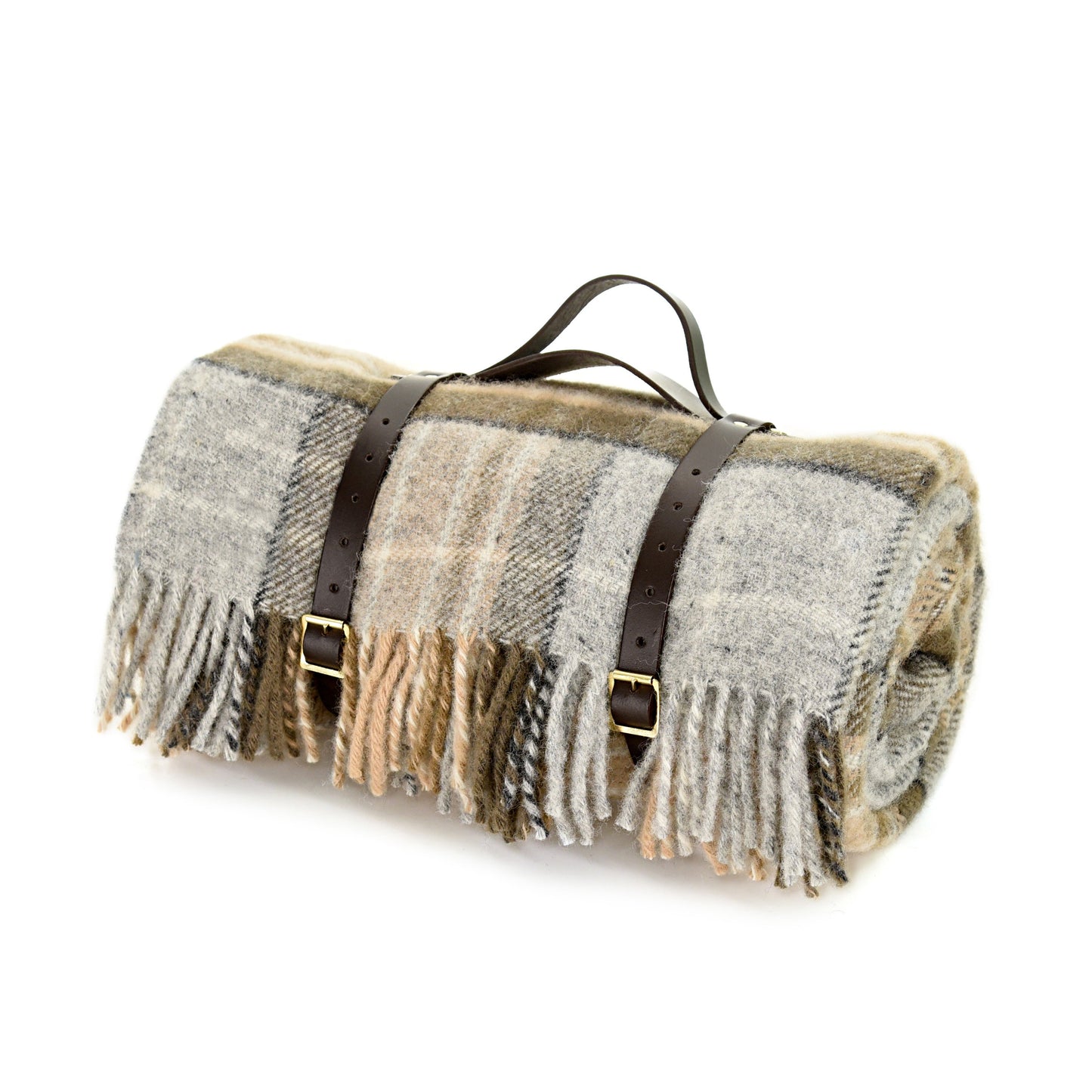 Polo Picnic Rug Cottage Vintage Checked Mustard/Brown/Blue with Leather Strap - Enamelhappy
