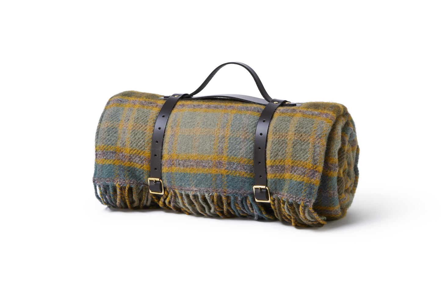 Polo Picnic Rug Cottage Vintage Checked Mustard/Brown/Blue with Leather Strap - Enamelhappy