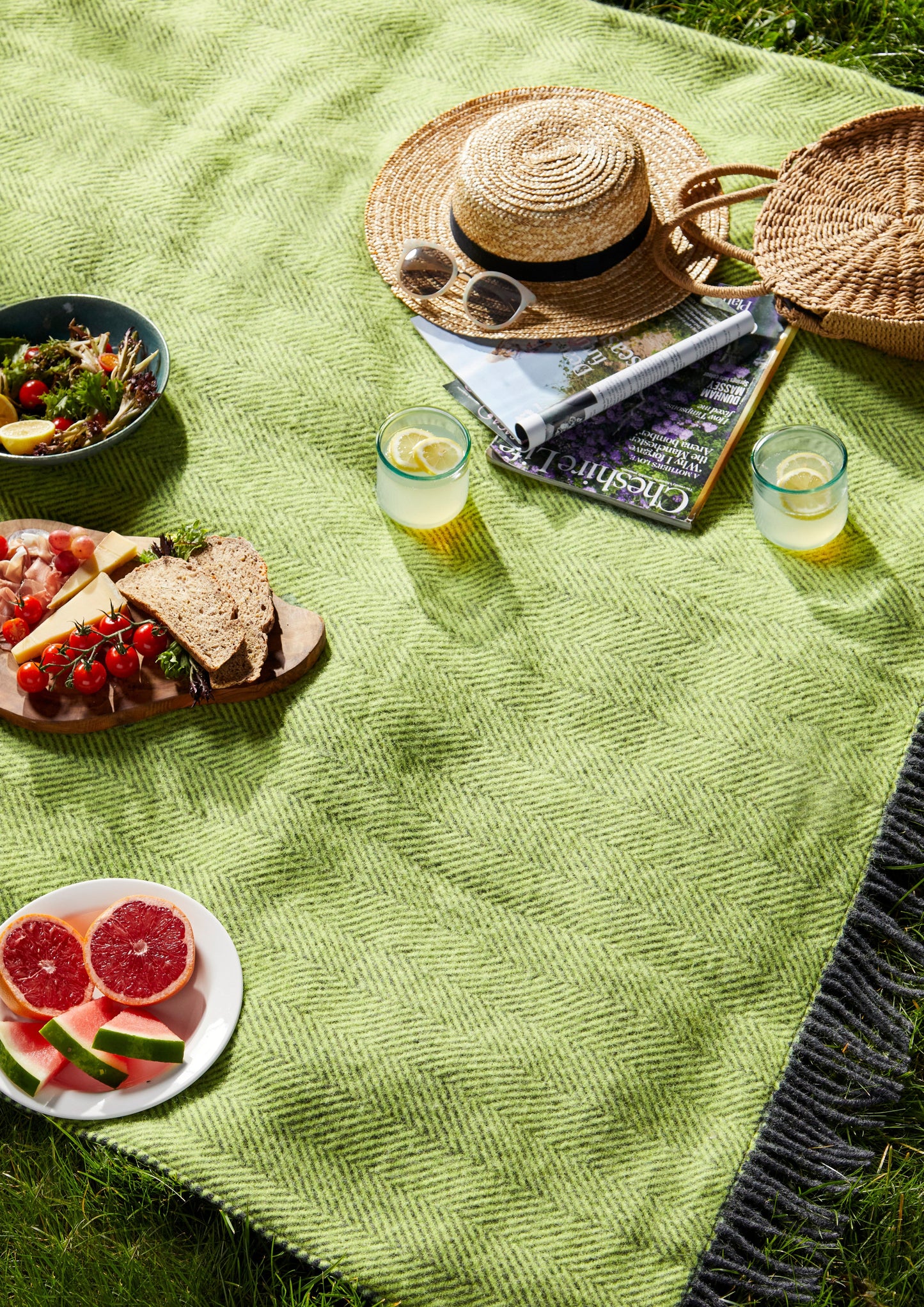 Zest Lime Green/Grey Herringbone Pure New Wool Picnic Rug - Enamelhappy