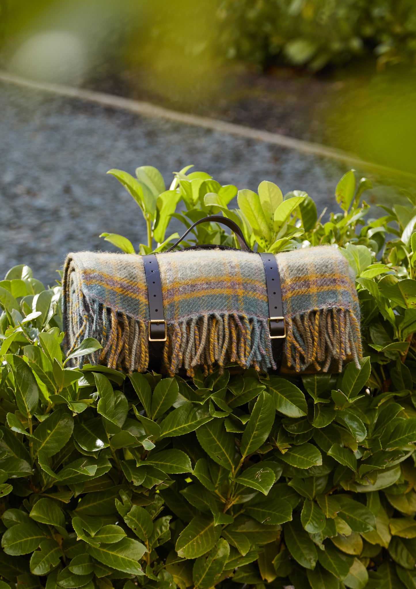 Polo Picnic Rug Cottage Vintage Checked Mustard/Brown/Blue with Leather Strap - Enamelhappy