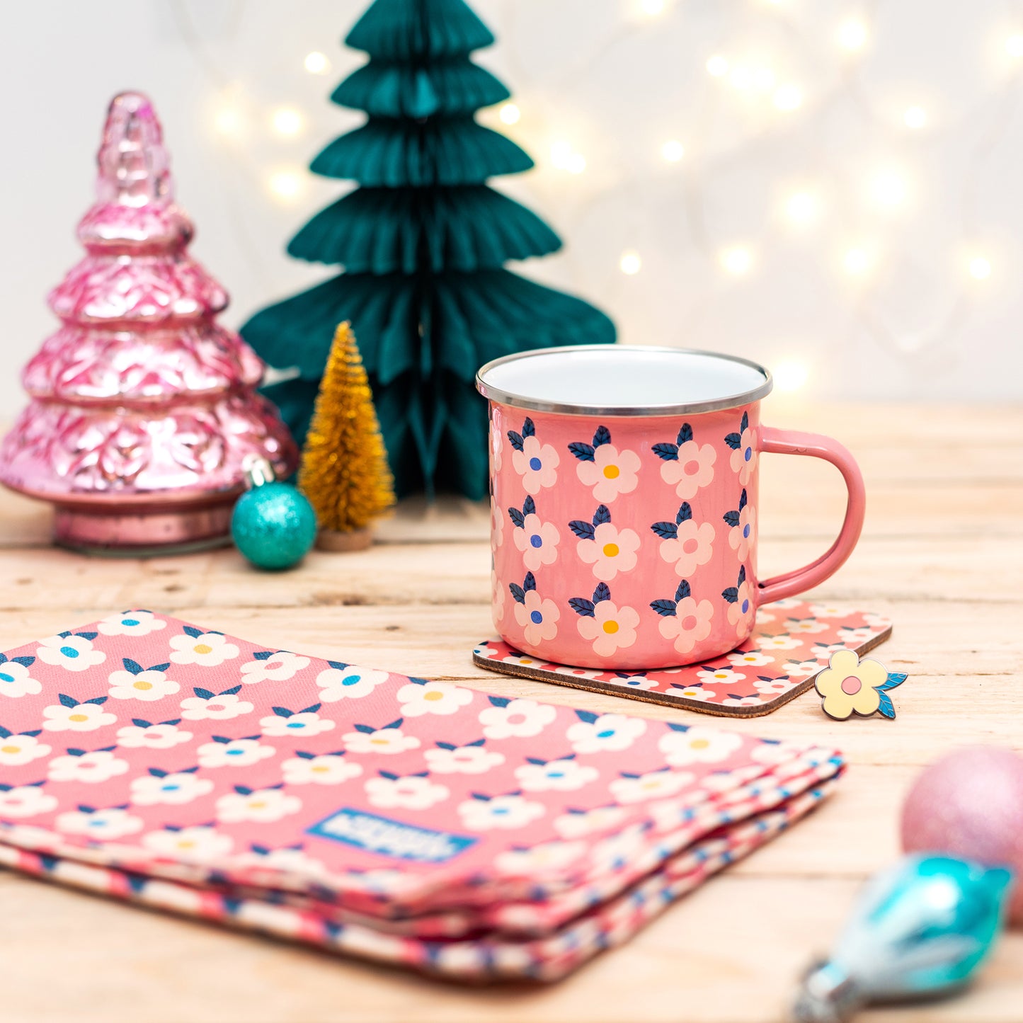 ROSE PINK GIFT SET For Her Retro Floral Enamel Cup - Beautiful Tin Mug - Cork Coaster - Pin Badge - Tea Towel - Colourful Home - Enamelhappy