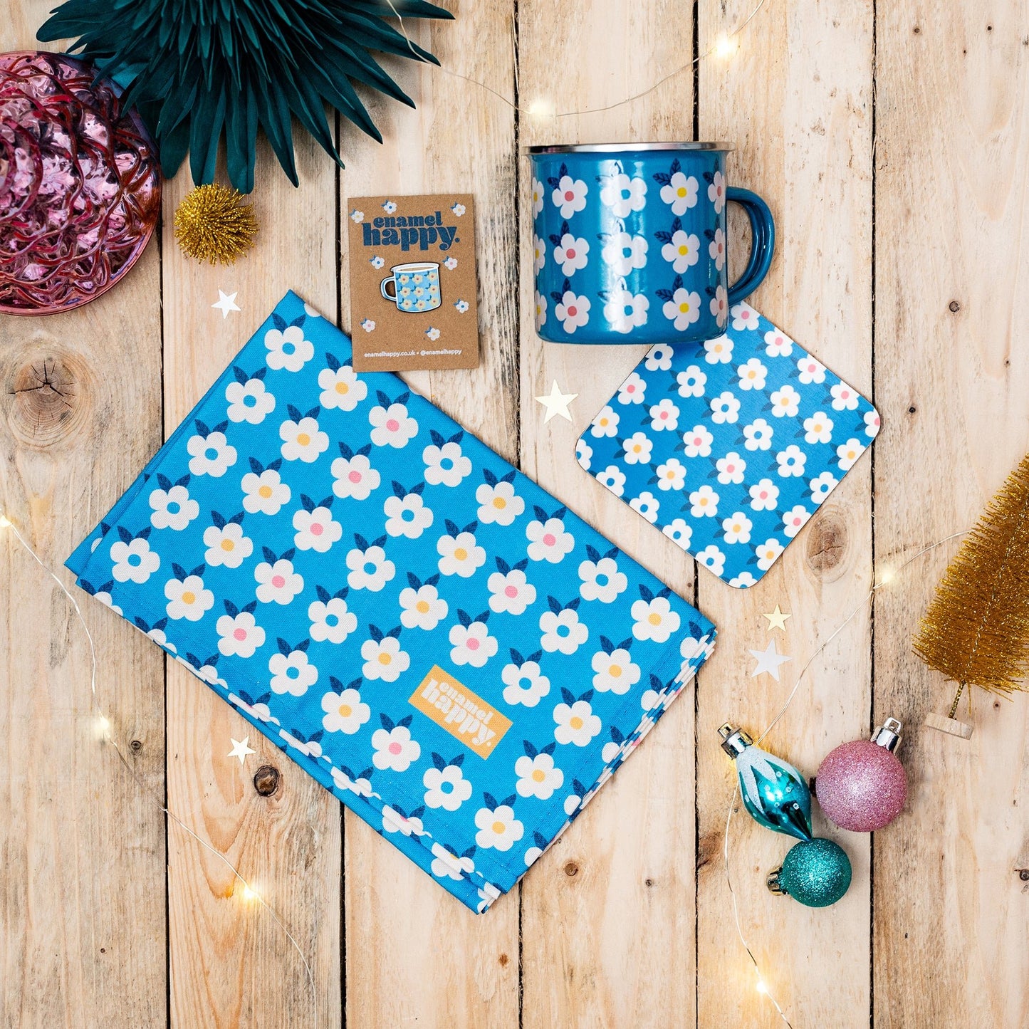BLUE GIFT BUNDLE For Her Ocean Blue Retro Floral Enamel Cup Campervan Tin Mug Tea Towel Turquoise Colour Pop Home - Enamelhappy