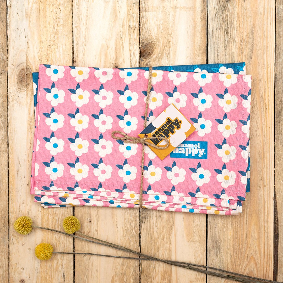 A Pair Colourful Tea Towels Pretty Retro Print - Enamelhappy - Various Colours - Enamelhappy