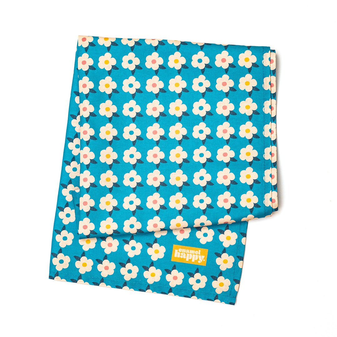 BLUE GIFT BUNDLE For Her Ocean Blue Retro Floral Enamel Cup Campervan Tin Mug Tea Towel Turquoise Colour Pop Home - Enamelhappy