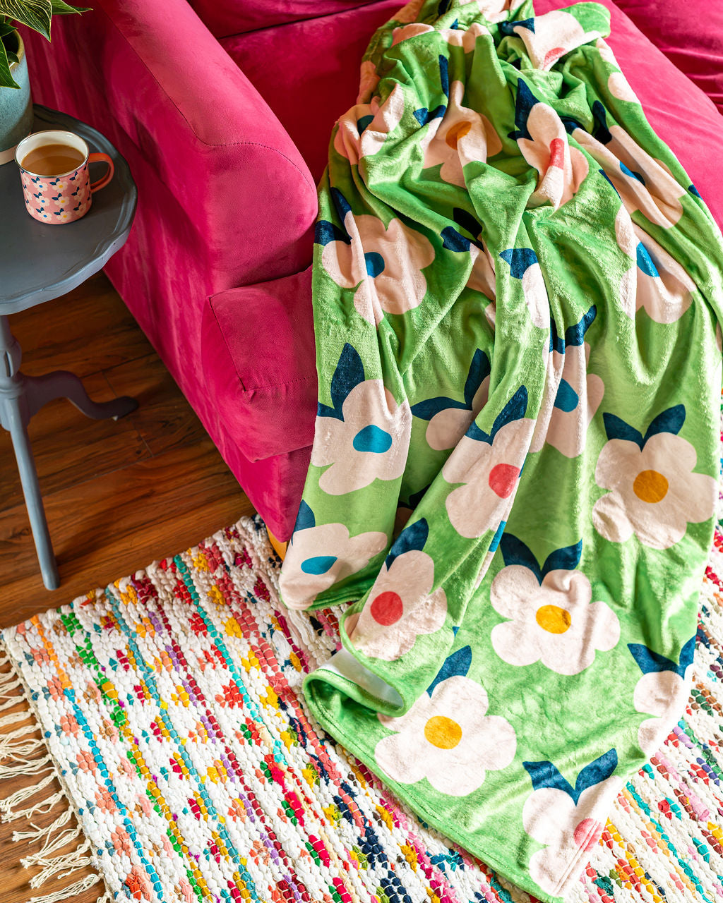 Retro Floral Rose Pink Große Fleecedecke/Überwurf – Emaillehappy