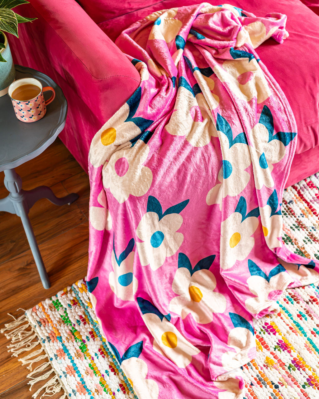 Retro Floral Rose Pink Große Fleecedecke/Überwurf – Emaillehappy