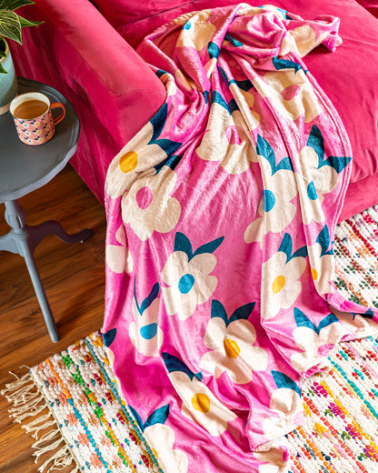 Retro Floral Rose Pink Große Fleecedecke/Überwurf – Emaillehappy