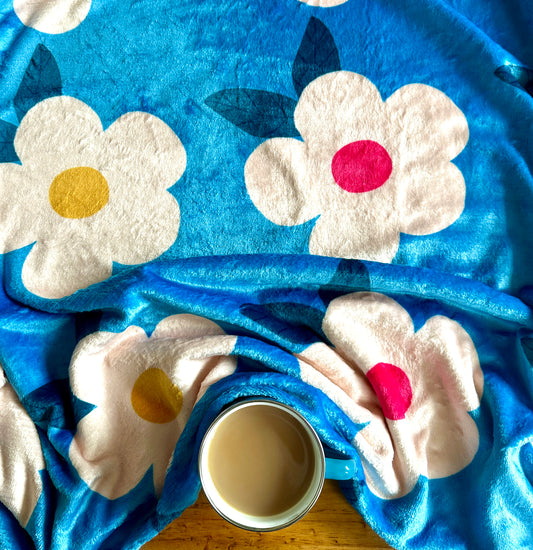 Retro Floral Ocean Blue Large Ultra Plush Cuddle Soft Fleece Blanket/Throw