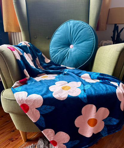 Retro Floral Midnight Navy Blue Large Ultra Plush Cuddle Soft Fleece Blanket/Throw