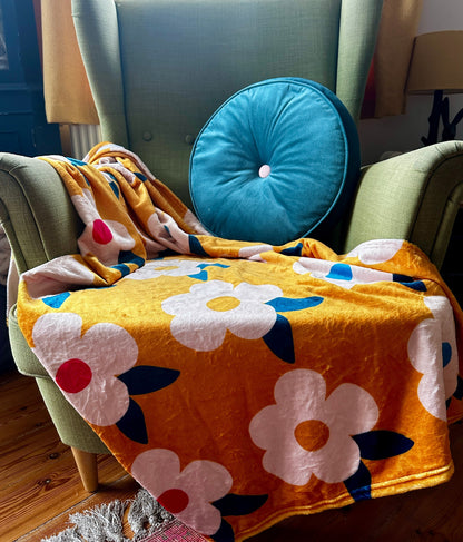 Retro Floral Honey Yellow Mustard Ultra Plush Cuddle Soft Large Fleece Blanket/Throw
