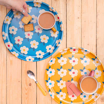 Gorgeous Round Tray Retro Floral Honey Yellow - Enamelhappy