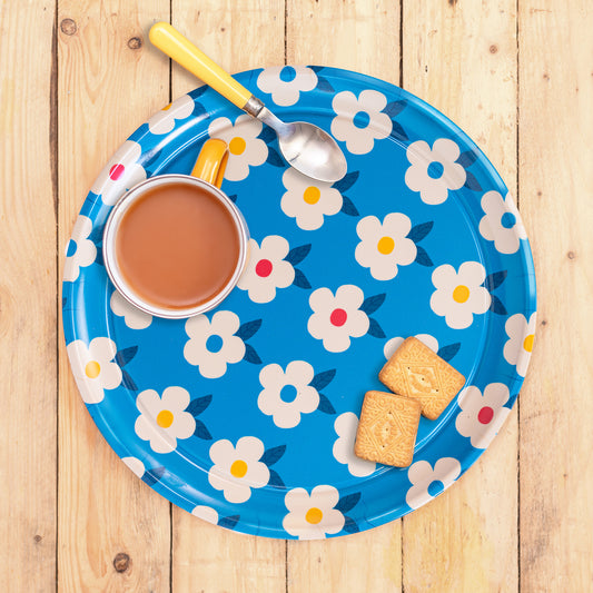 Gorgeous Round Tray Retro Floral Ocean Blue - Enamelhappy