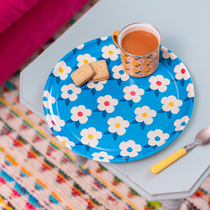 Gorgeous Round Tray Retro Floral Ocean Blue - Enamelhappy