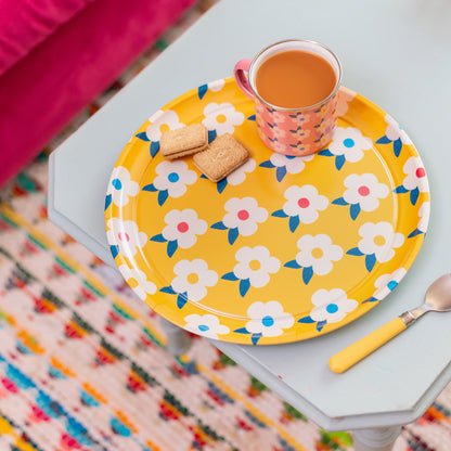 Gorgeous Round Tray Retro Floral Honey Yellow - Enamelhappy