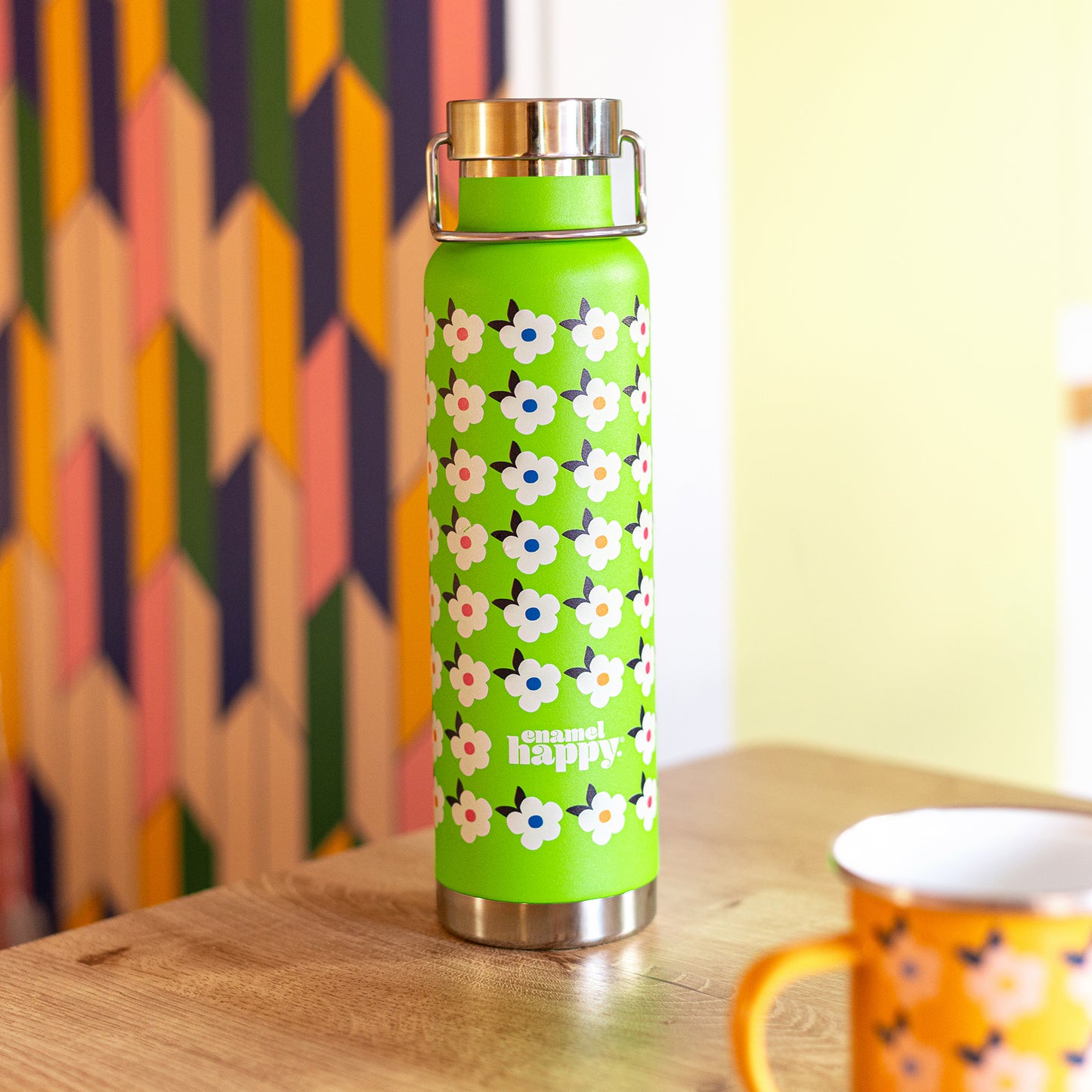 650ml Copper Insulated Retro Floral Print Water Bottle Lime Green / Navy - Enamelhappy