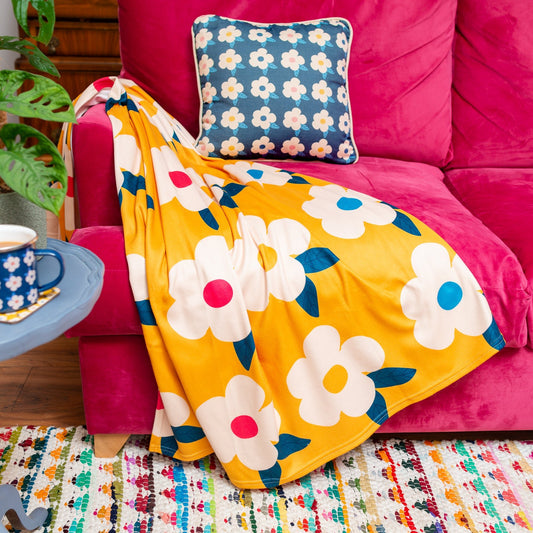 Retro Floral Honey Yellow Mustard Large Fleece Blanket/Throw - Enamelhappy - Enamelhappy