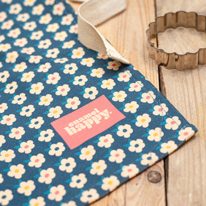 Midnight Navy Blue Retro Floral Print Apron - Enamelhappy