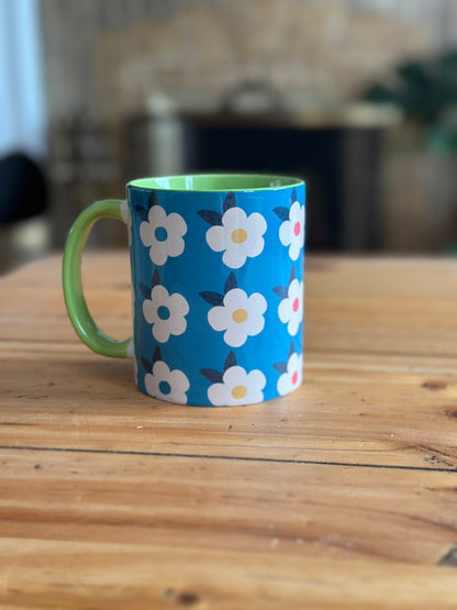 Retro Floral 11oz Ceramic Mug - Ocean Blue with Green