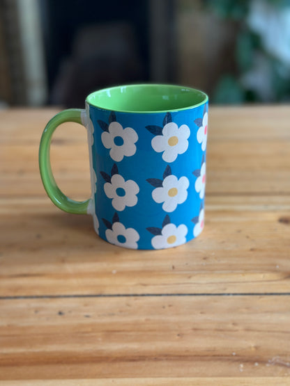 Retro Floral 11oz Ceramic Mug - Ocean Blue with Green