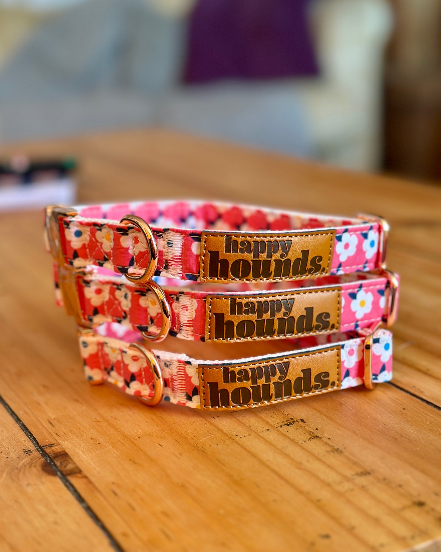 Retro Floral Dog Collar in Rose Pink with Rose Gold Hardware