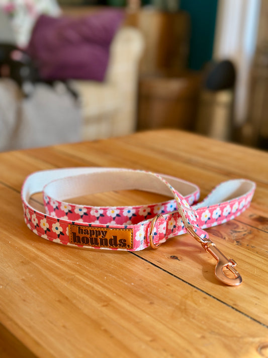 Retro Floral Dog Lead in Rose Pink with Rose Gold Hardware