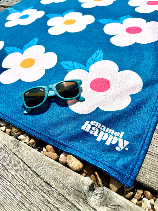 Beautiful Quick Dry Beach/Bath Towel Large - Retro Floral Midnight Navy - Enamelhappy