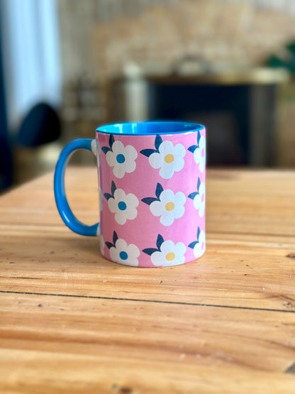 Retro Floral 11oz Ceramic Mug - Rose Pink with Blue
