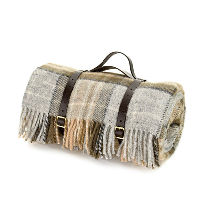 Polo Picnic Rug Blanket McKellar Tartan Checked Brown/Neutrals with Leather Strap - Beautiful Tweedmill