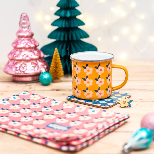 COLOURFUL GIFT BUNDLE For Her Yellow Retro Floral Enamel Cup - Beautiful Tin Mug - Coaster - Tea Towel - Pin Badge - Homeware Fun Rainbow