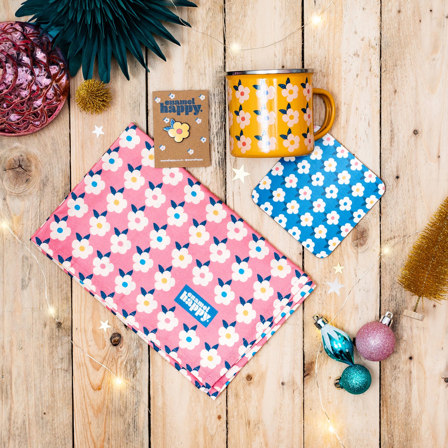 COLOURFUL GIFT BUNDLE For Her Yellow Retro Floral Enamel Cup - Beautiful Tin Mug - Coaster - Tea Towel - Pin Badge - Homeware Fun Rainbow