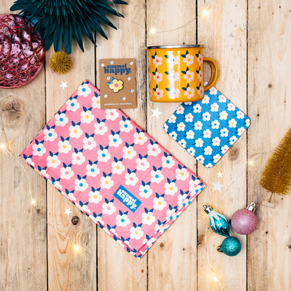 COLOURFUL GIFT BUNDLE For Her Yellow Retro Floral Enamel Cup - Beautiful Tin Mug - Coaster - Tea Towel - Pin Badge - Homeware Fun Rainbow