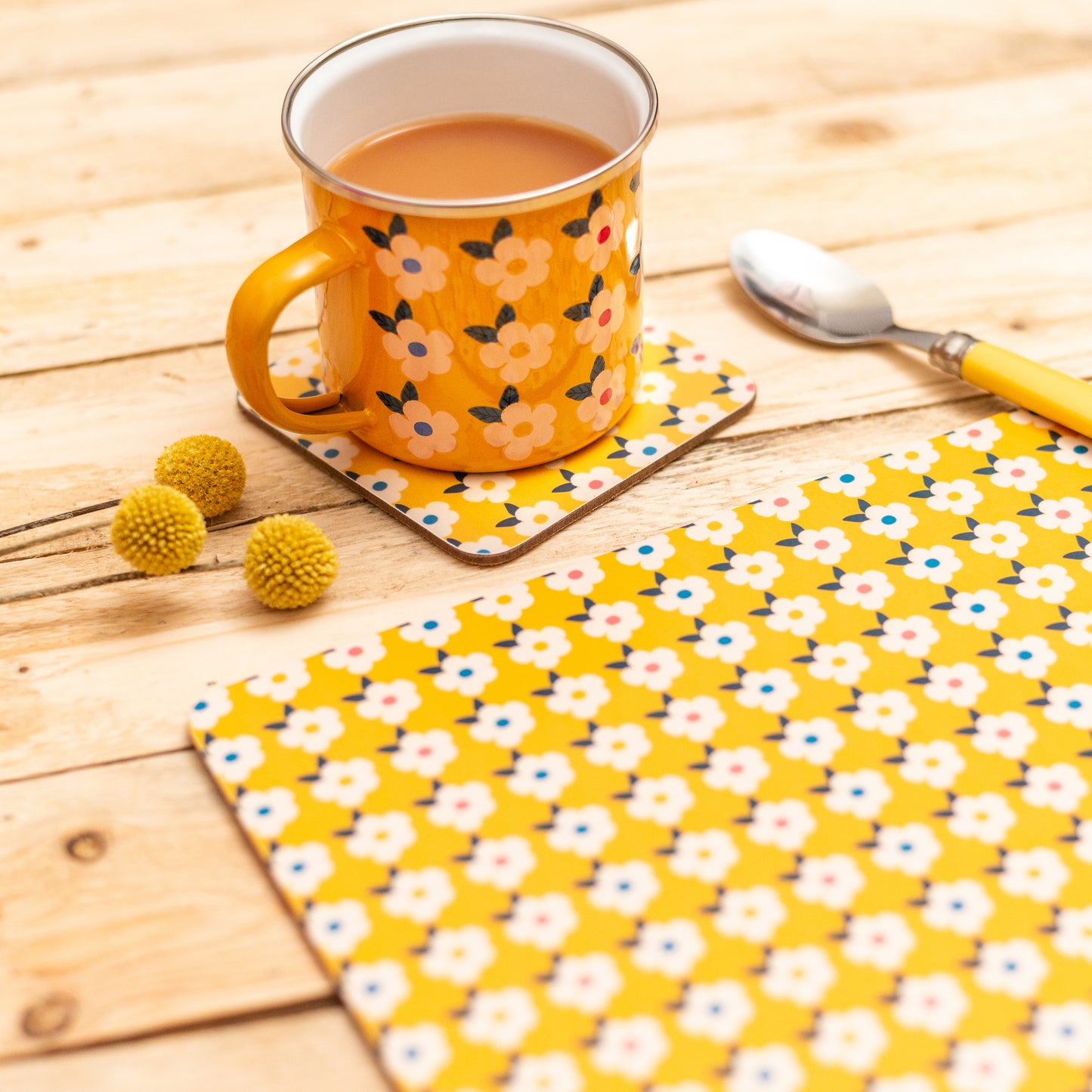 HONEY YELLOW GIFT SET For Her Retro Floral Enamel Cup - Campervan Tin Mug