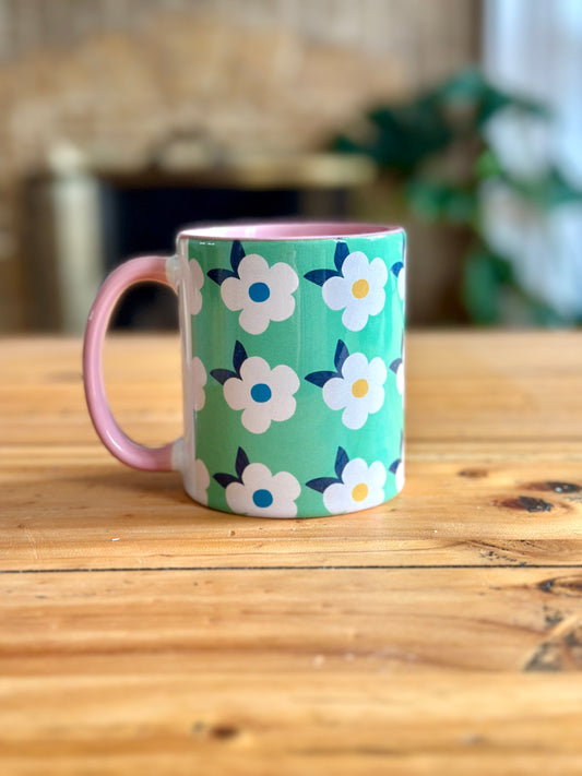 Retro Floral 11oz Ceramic Mug - Meadow Green with Pink